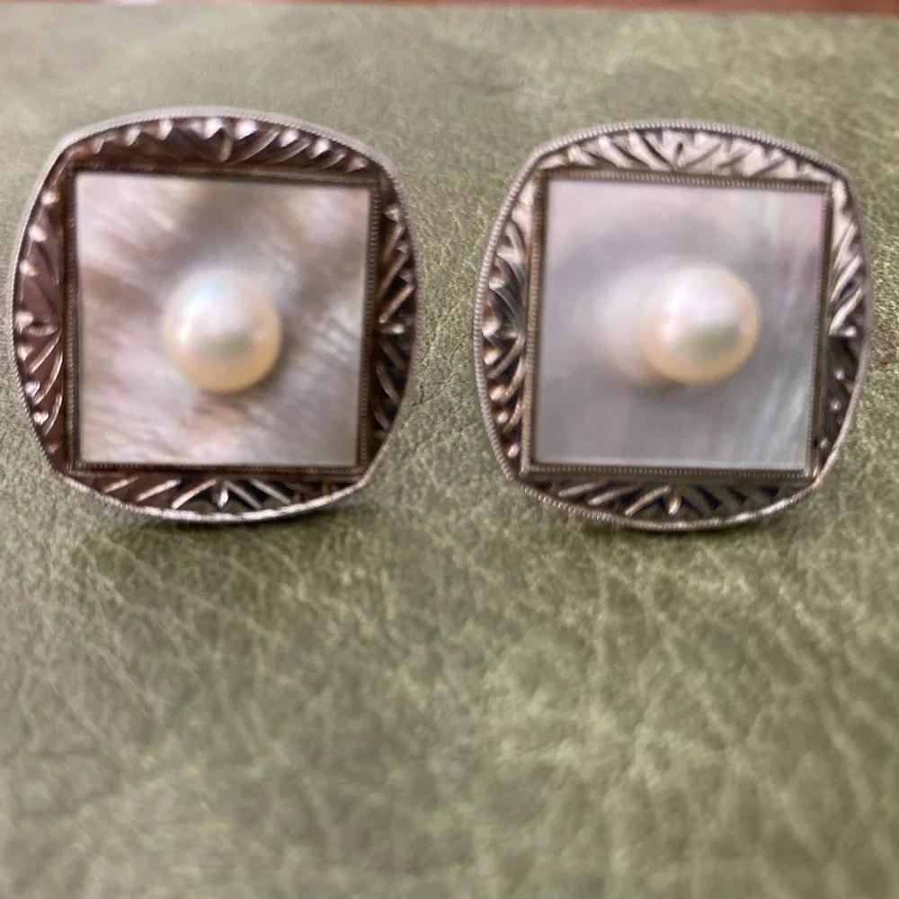 Vintage Sterling Mother of Pearl & Pearl Cufflinks + Tie Bar Set